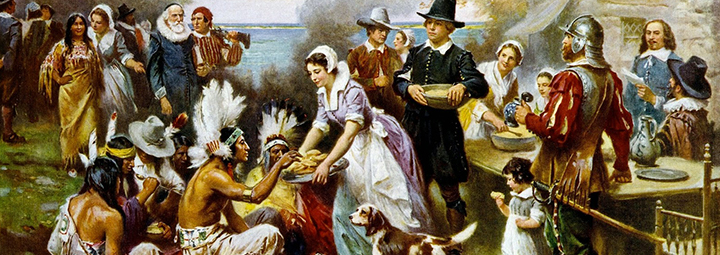Acción de gracias - indigenas y colonos ingleses en thanksgiving day - cuadro
