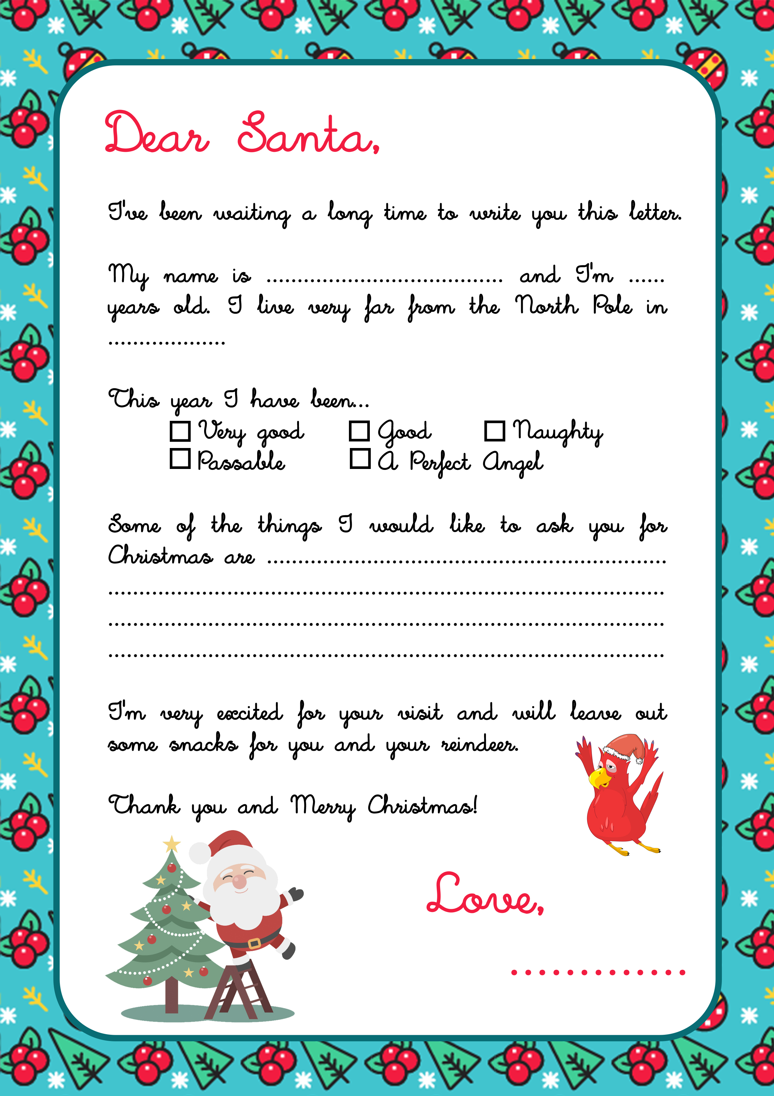 Plantilla Carta para Santa Claus Papa Noel en inglés - Letter for Santa